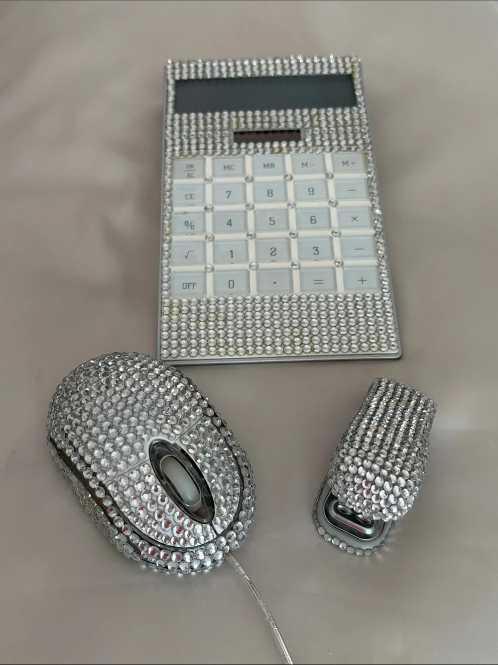 Crystal Rhinestone Mouse with Matching Calculator & Stapler- Silver